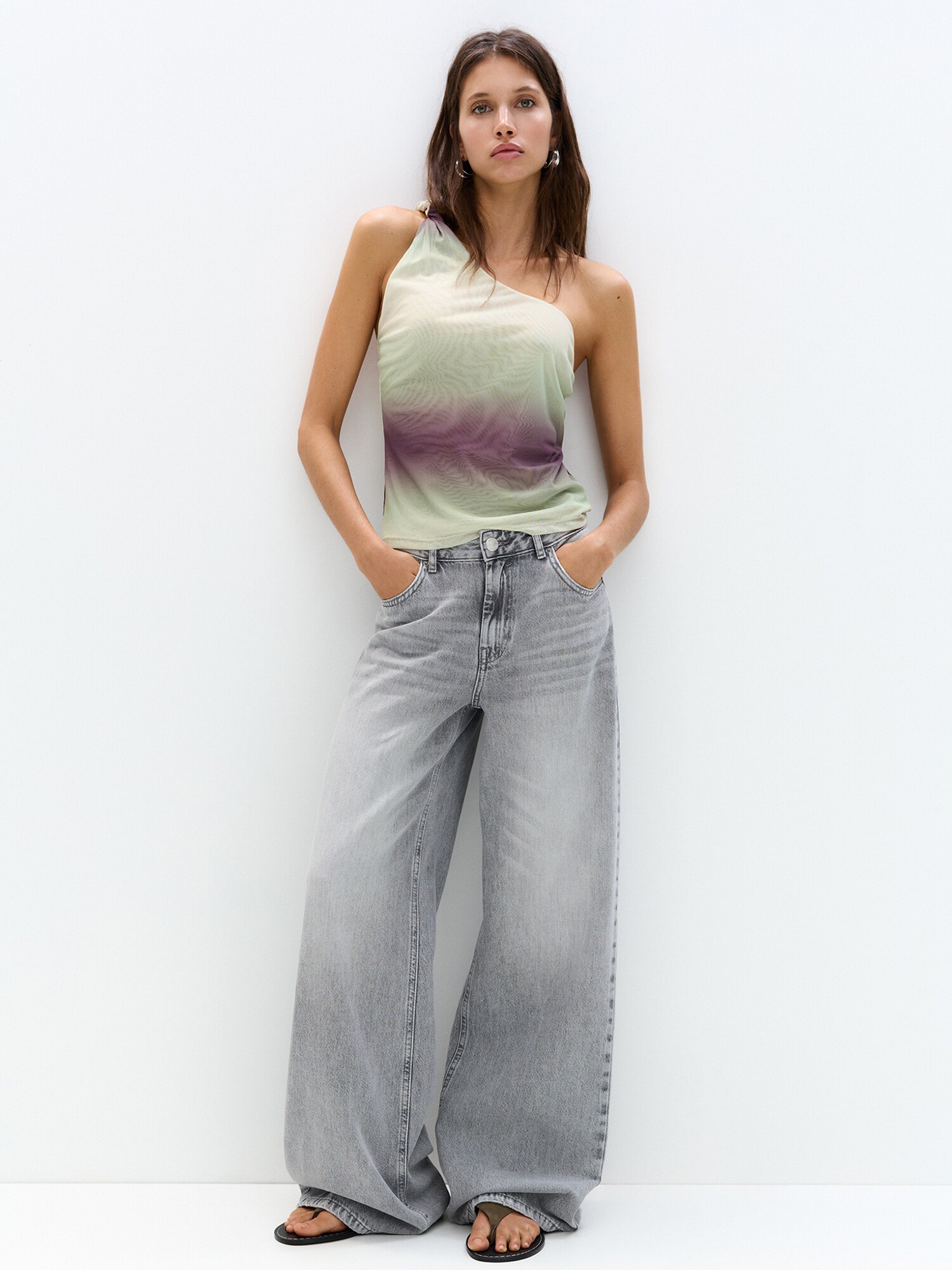 Pull&Bear Top béžová / pastelovo zelená / fialová (obrázok 5)