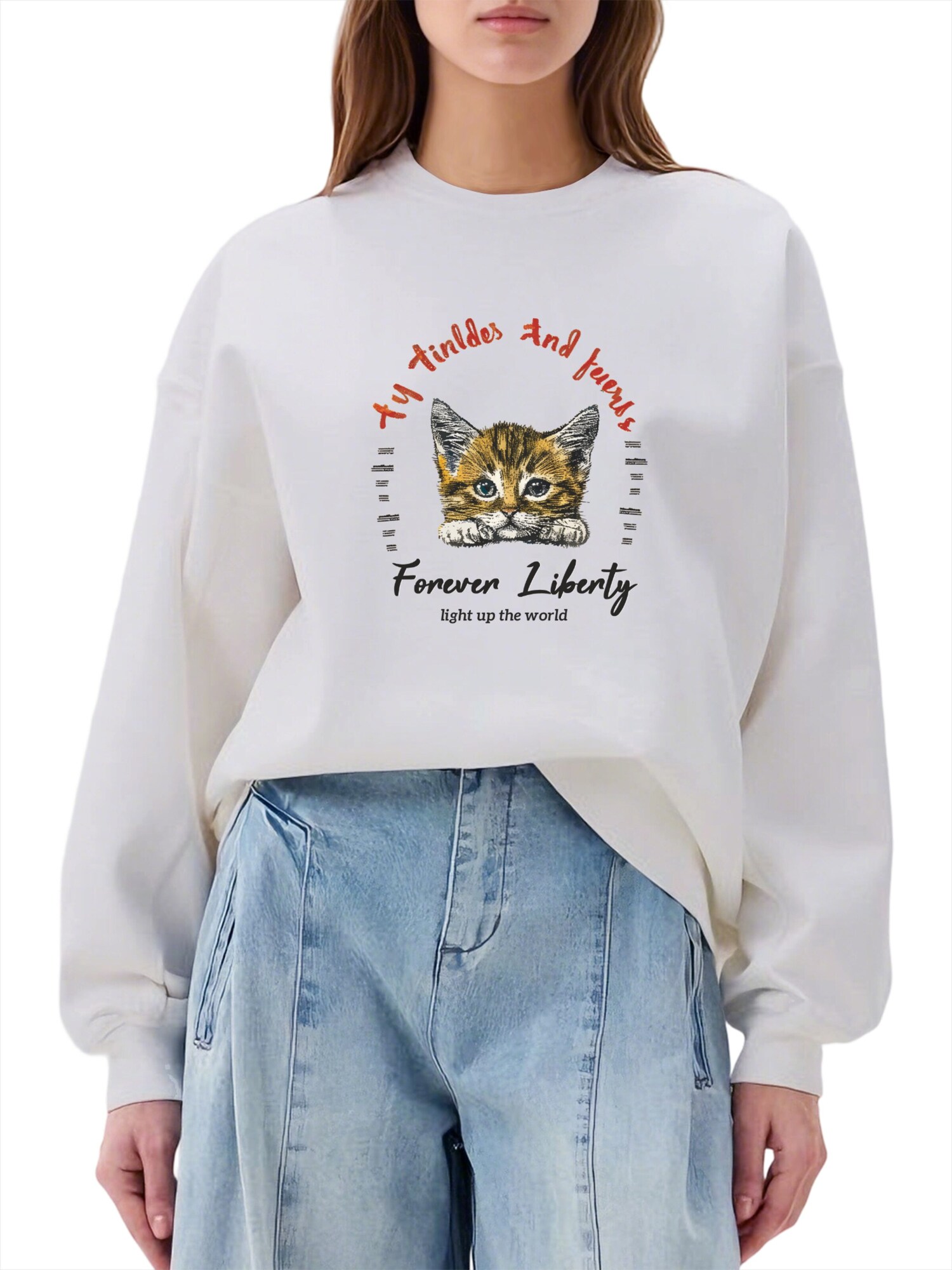 GORHEY Sudadera 'Women's Crew Neck Sweatshirt with Cat Print & Fleece Lining for Autumn/Winter' blanco