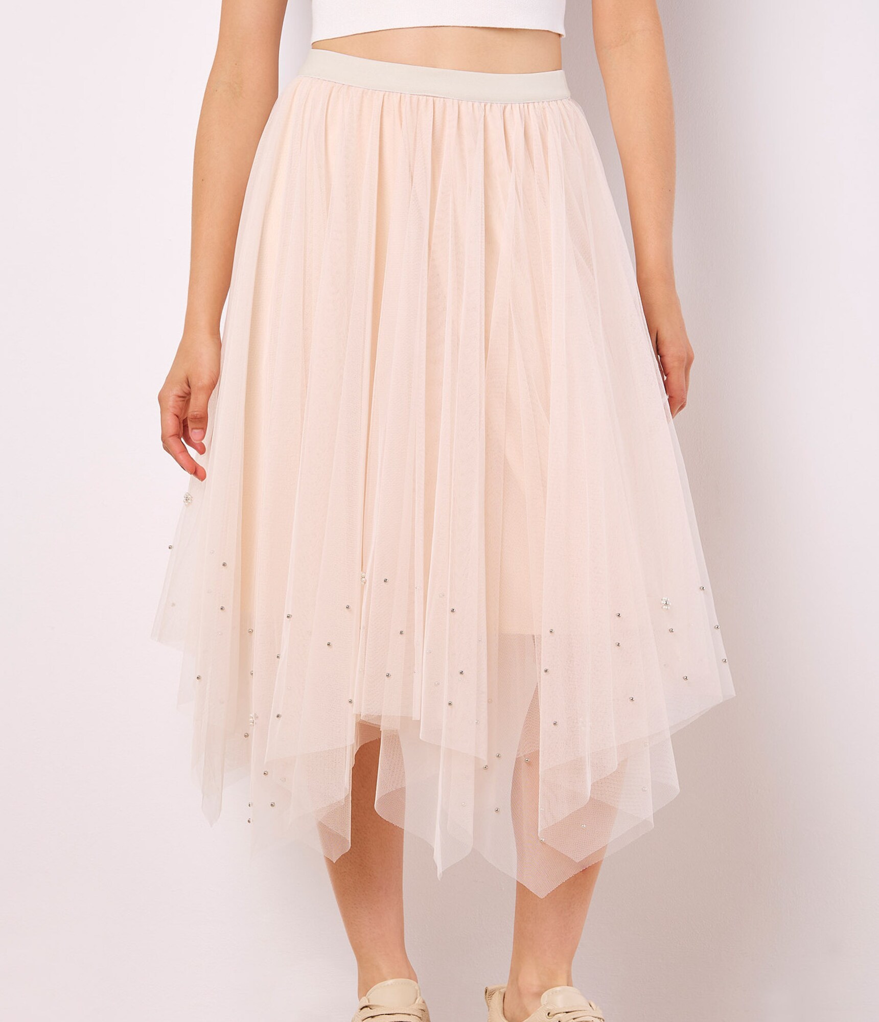 Thumbnail - Apricot Pearl Embellished Tulle Midi Skirt