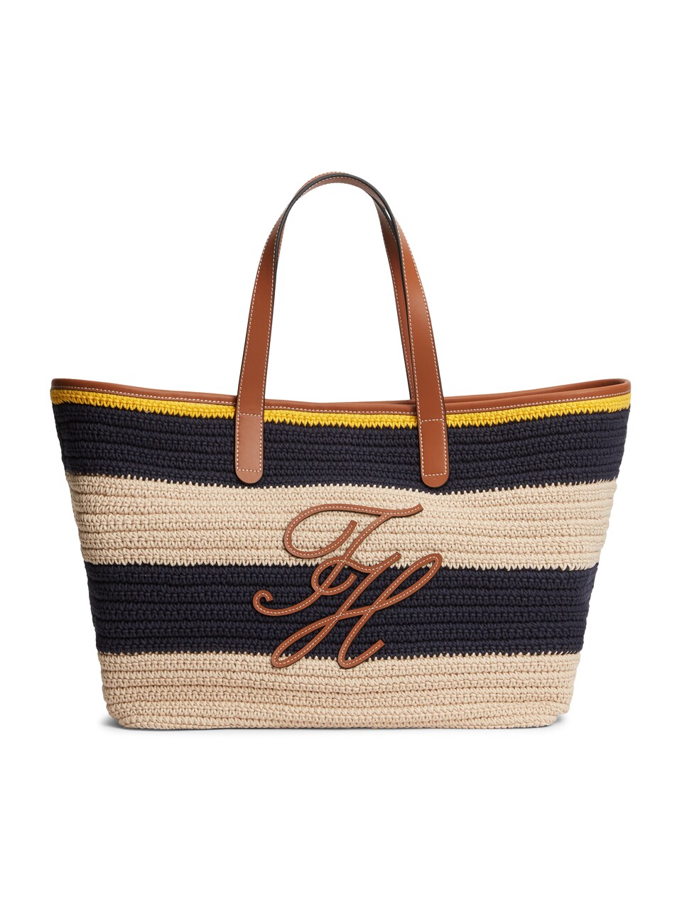 Shoppingväska 'Woven Stripe Logo Appliqué Tote' beige / marinblå / karamell