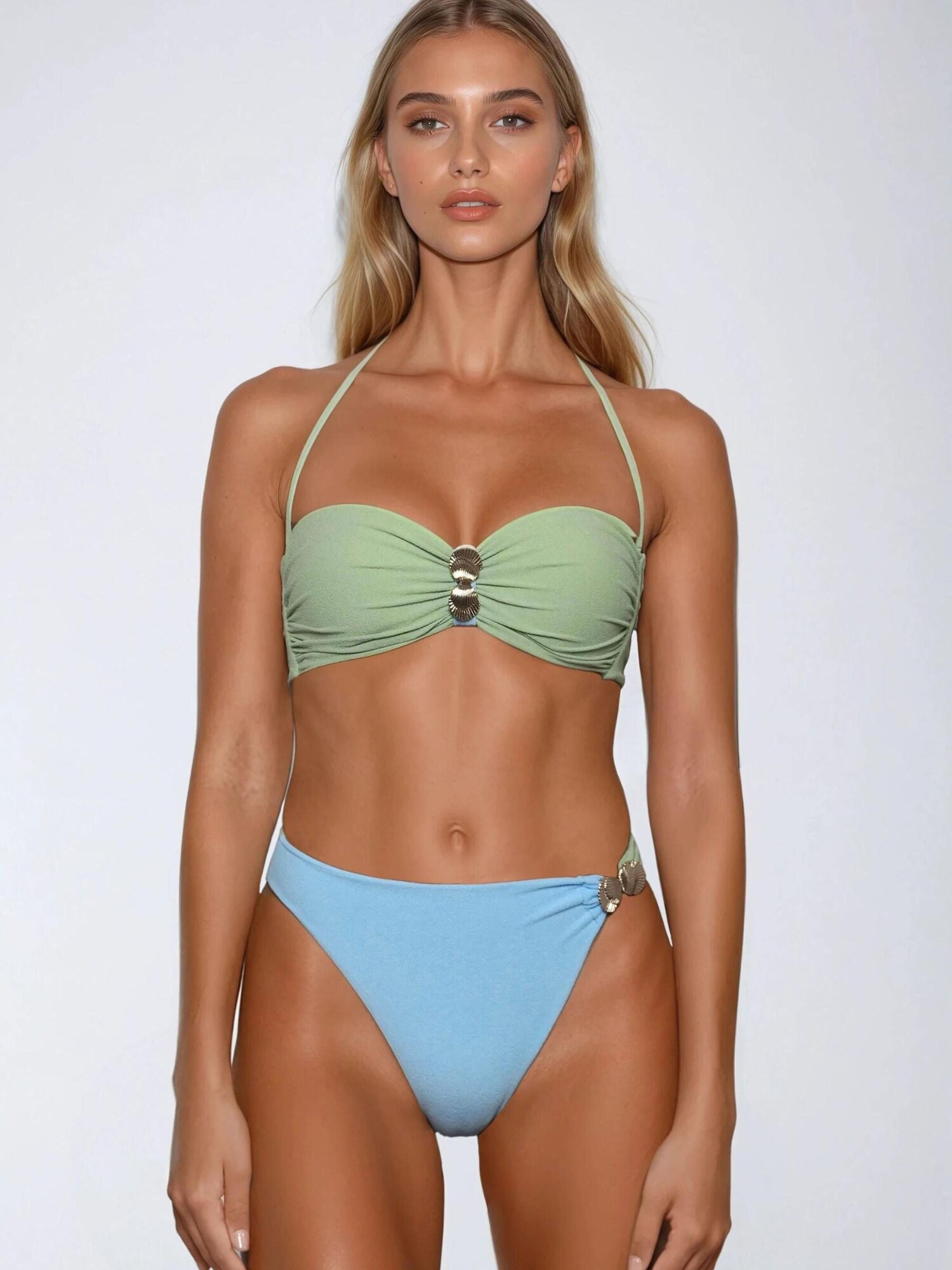 Flavia Valentini Bikini 'Bikini Bandeau con Conchiglie – Verde & Azzurro' verde pastel