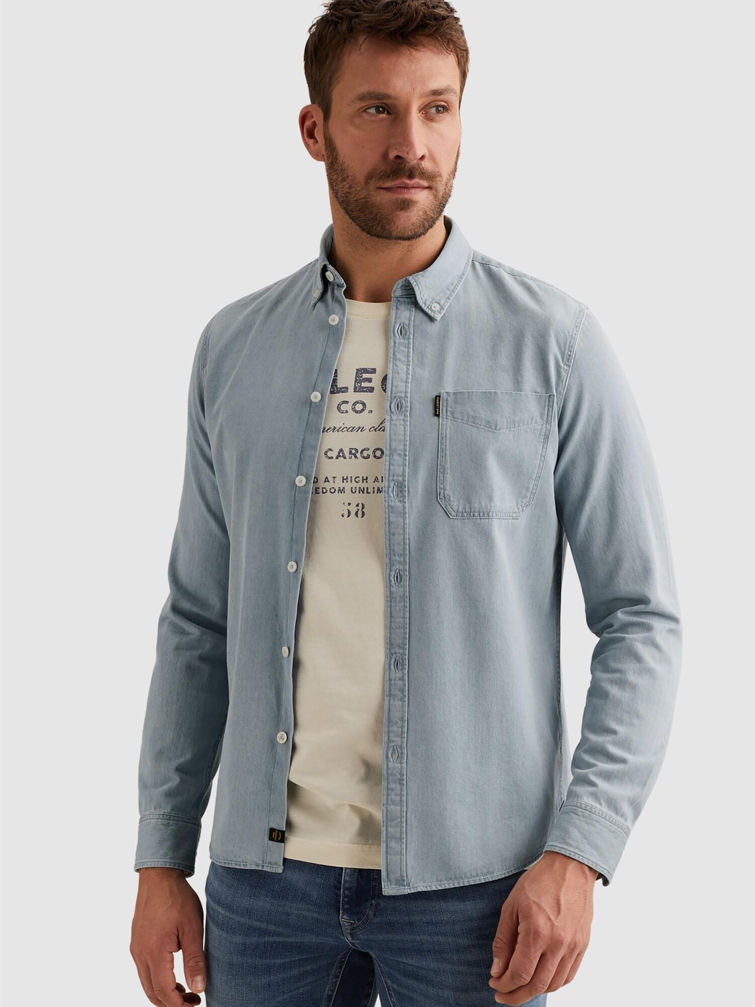 Pme Legend Overhemd 'Denim Shirt With Stitching Details' Blauw Denim