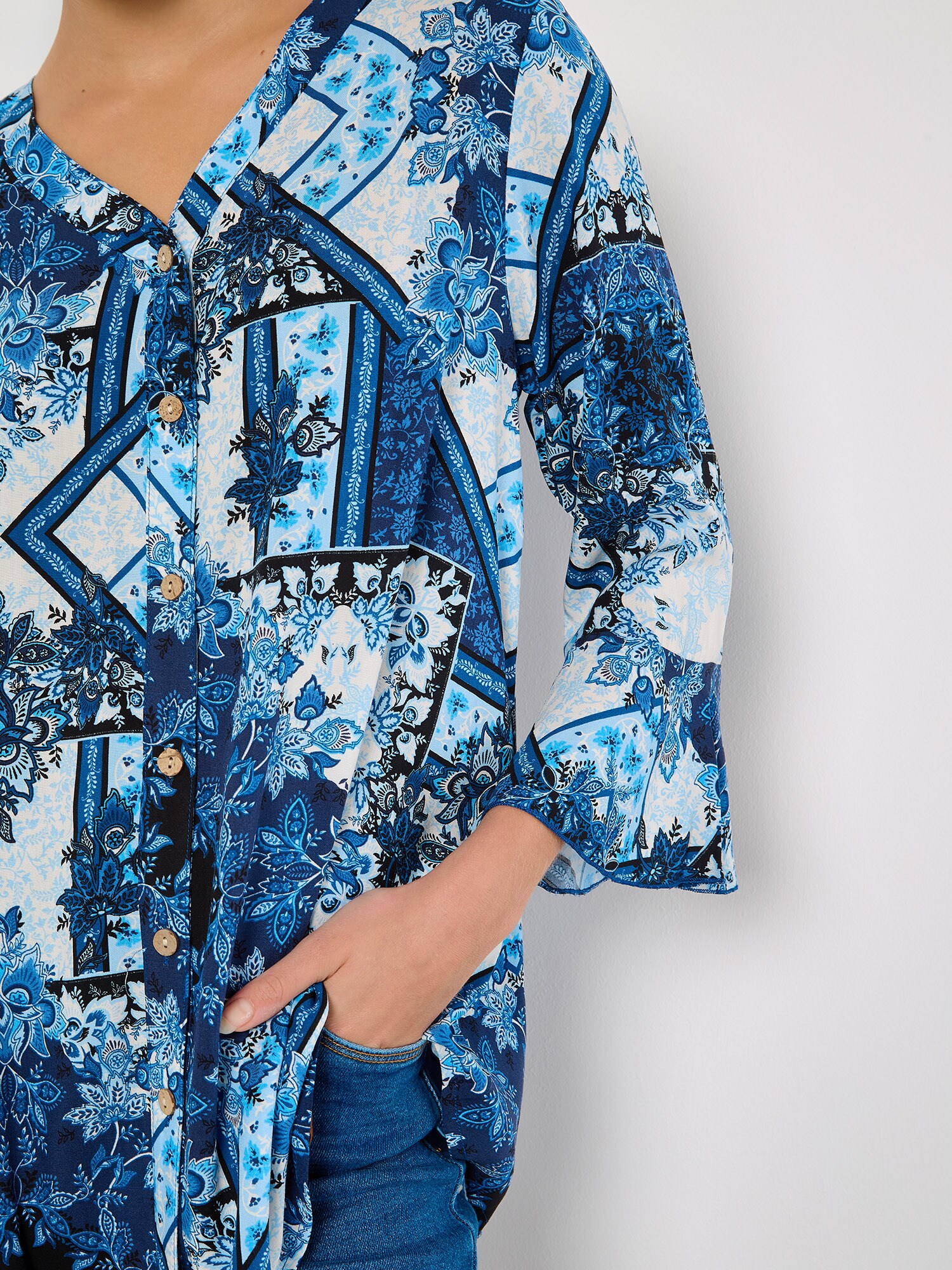 Thumbnail - Apricot Patchwork Scarf Print Blouse